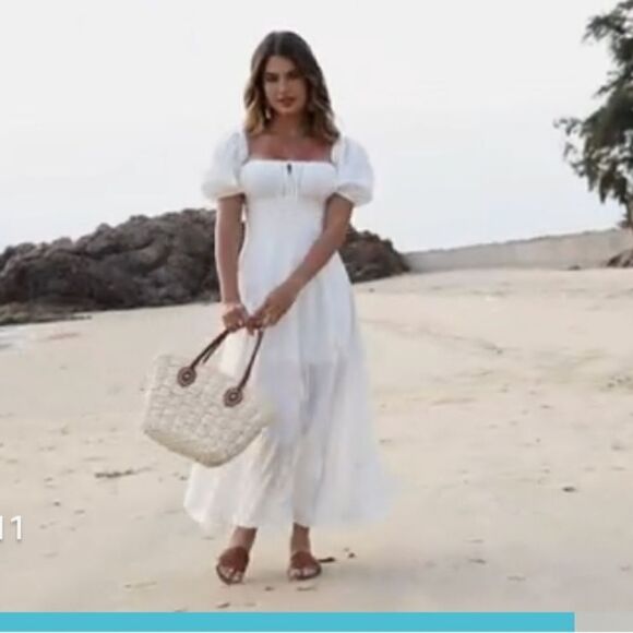 Summer Puff Sleeve Floral Split Maxi Dress White 2XL - Picture 2 of 13